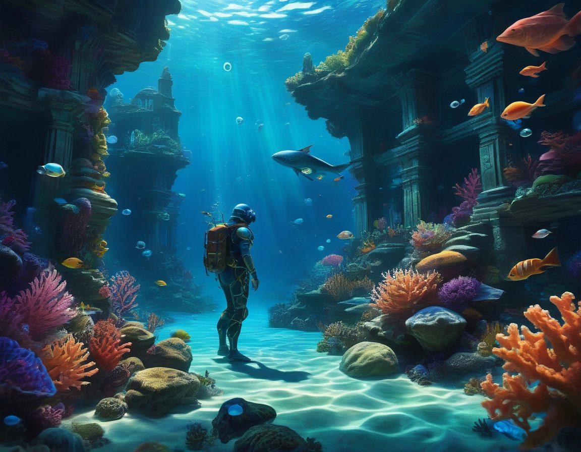 A mystical underwater scene showcasing a vibrant Tibia adventurer exploring colorful coral reefs with ancient ruins in the background. The character, adorned in unique armor, holds a glowing artifact that illuminates the depths, surrounded by mythical sea creatures. Bubbles and schools of fish add life to the composition. super-realistic. vibrant colors. underwater theme.