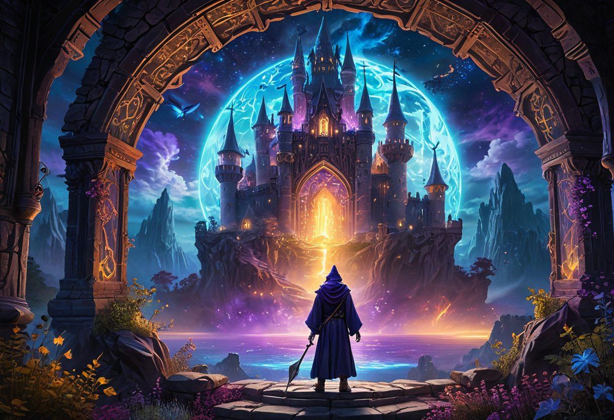 A captivating scene of a novice wizard in a mystical gaming world, surrounded by vibrant spell effects and enchanted creatures. The character is gazing at a glowing map displaying intricate game strategies, while an ancient castle looms in the background with hints of adventure. The atmosphere is immersive and magical, emphasizing the journey from beginner to expert. fantasy art. vibrant colors. 3D.