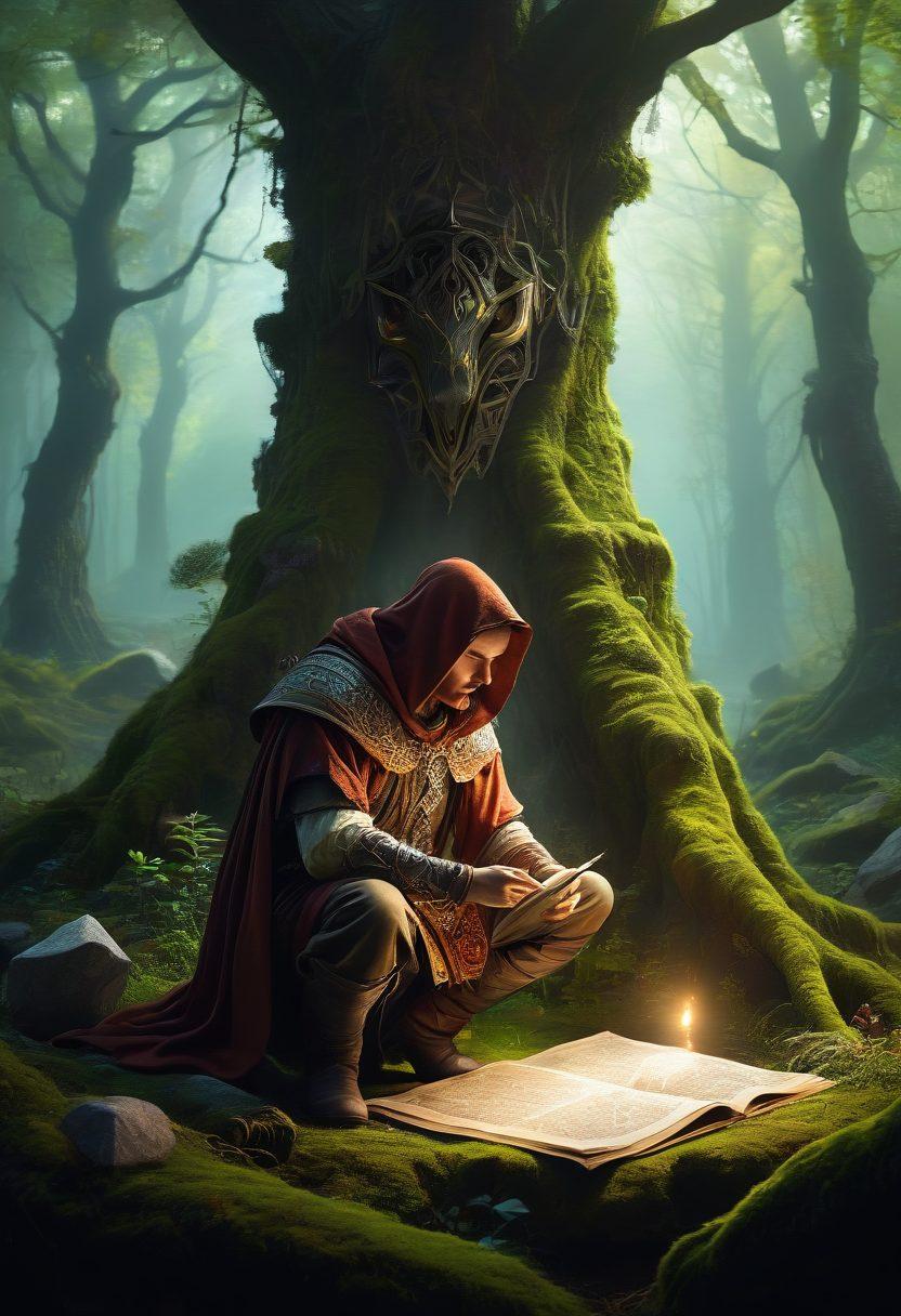 A fantastical landscape featuring a brave adventurer in medieval attire, studying an ancient map with glowing runes in a magical forest. Monsters lurk in the shadowy background while treasures gleam nearby, conveying a sense of exploration and challenge. Include vibrant spells and mystical artifacts surrounding the character to emphasize adventure. super-realistic. vibrant colors. fantasy art.